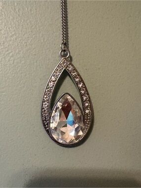Teardrop Crystal Pendant Necklace - Silver Tone, Clear Crystal